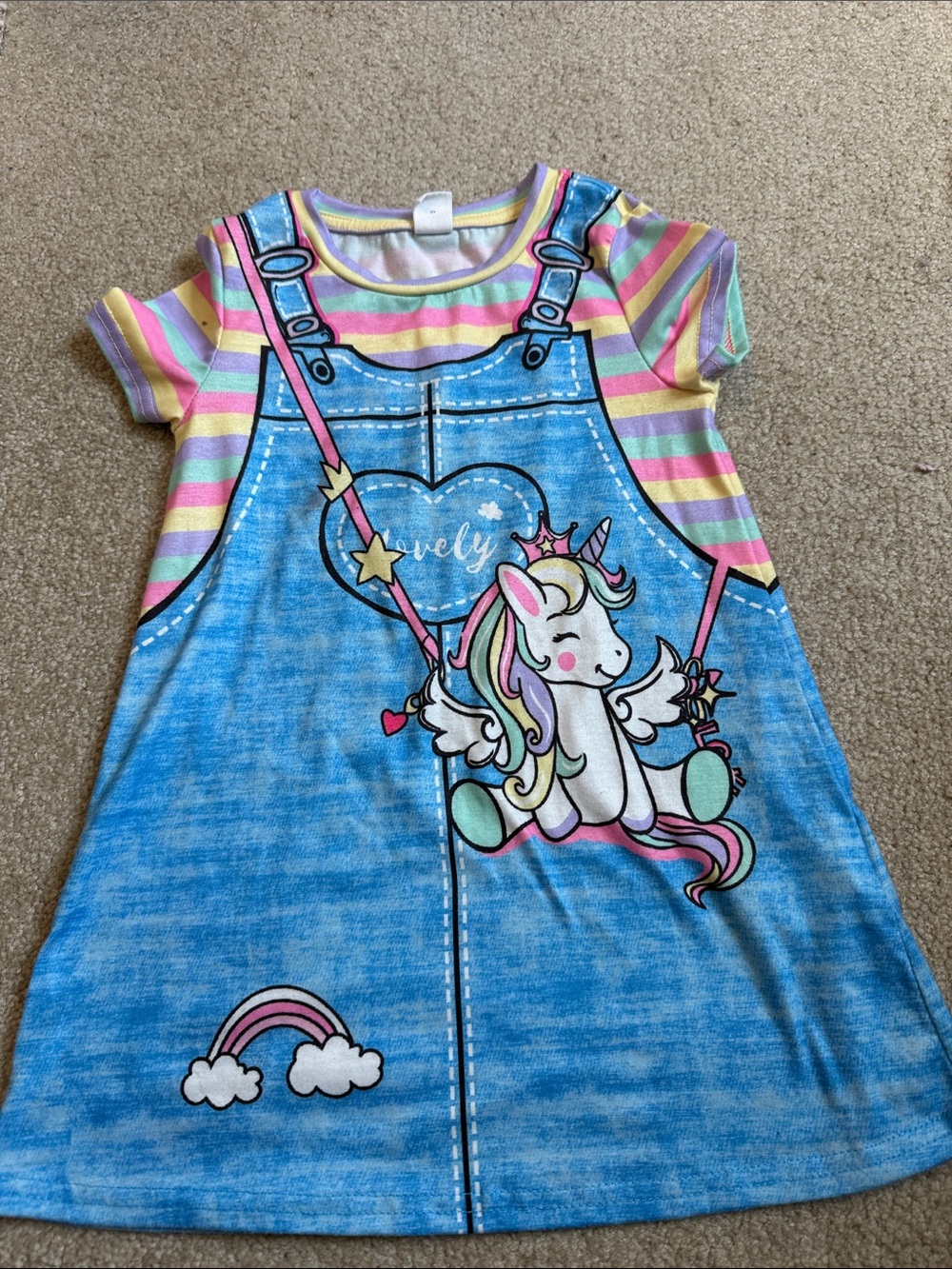 Girls Unicorn Swing Dress - Pastel Rainbow & Denim Print